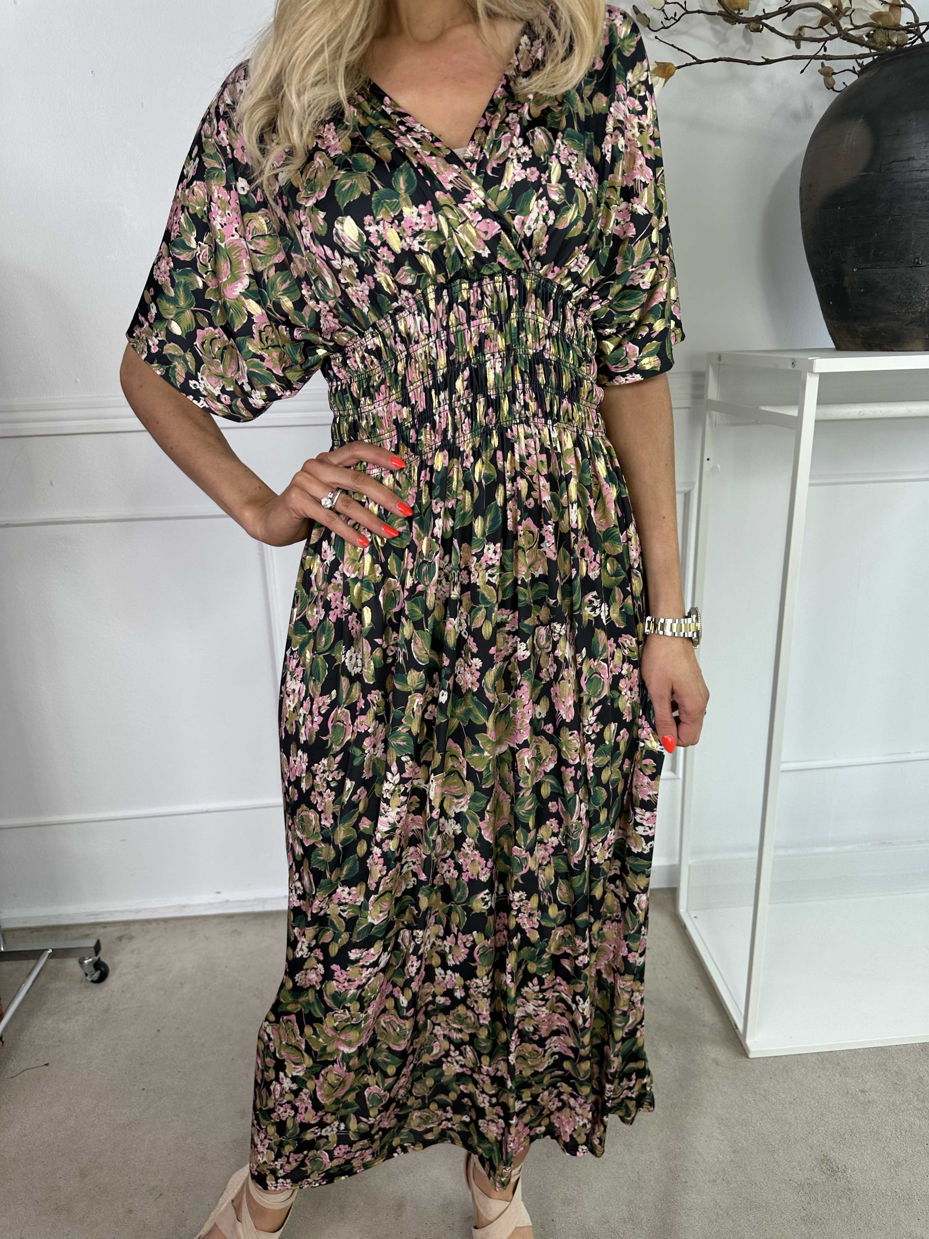 Pams Small Rose - Elastisk kjole med blomsterprint og guld detaljer